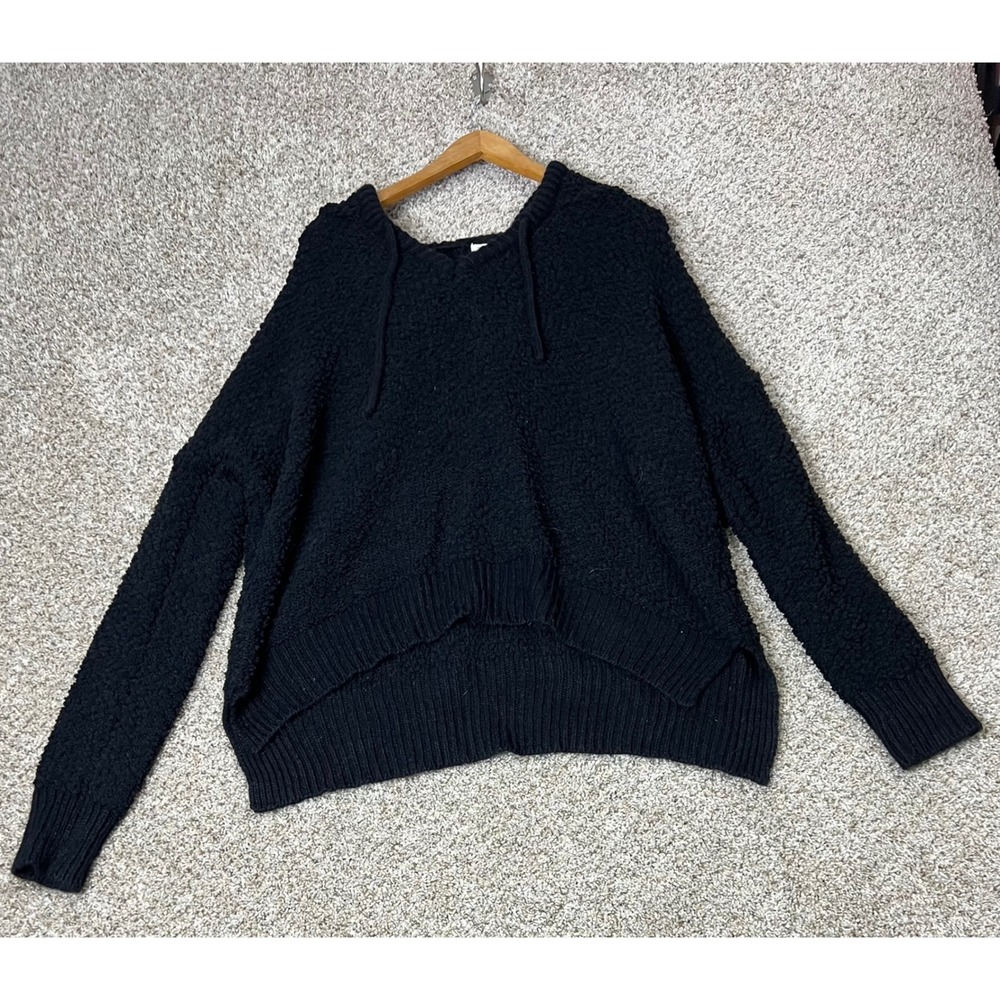 POL Womens Black Popcorn Knit Hoodie Sweater Oversized High Low Hem 2XL